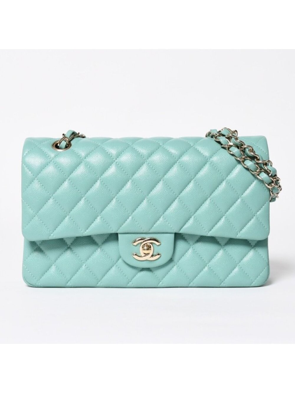 Chanel Quilted 25 Double Flap Chain Shoulder Bag Turquoise Blue CC Logo Caviar